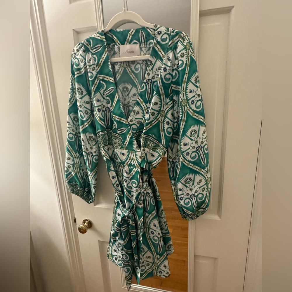 Kasia Green, blue and White Patterned silk mini Dress
